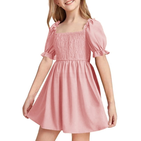 RMGVDSD Summer Girls Dresses Ruffle Mini Dress Square Neck Short Sleeve A-Line Short Dress Solid Color Puff Sleeves Casual Sundress Casual Party Dresses