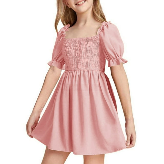 Big Girls' Dresses Summer Chiffon Ruffle Mini Square Neck Short Sleeve Solid A Line Dress Kids Clothes Robe Fille Vêtements Size 9-10T