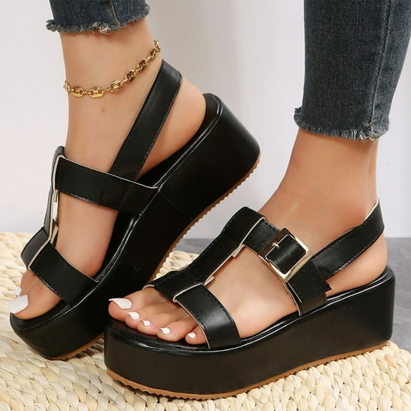 Women's Sandals Fashion Casual Summer New Style Solid Thick Bottom Beach Fish Mouth Wedge Sandals