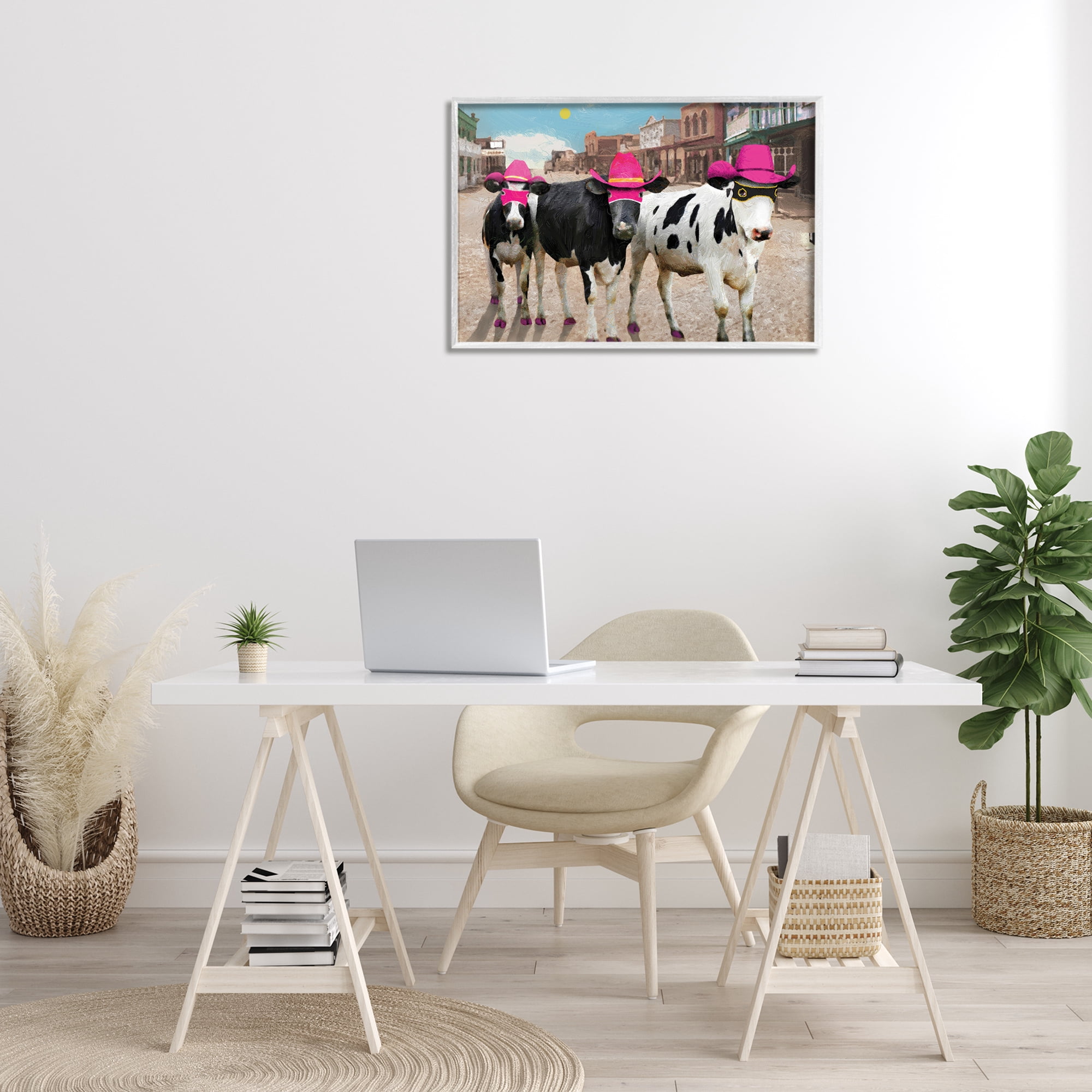 Stupell Industries Superhero Cows in Town Scenery Painting White Framed Art Print Wall Art, 30 x 20