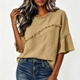 thumbnail image 5 of Lenpel Cotton Linen Shirts for Women Crew Neck Half Sleeve Boho Tops Casual Vintage Frayed Blouses Beach Vacation Clothes, 5 of 6