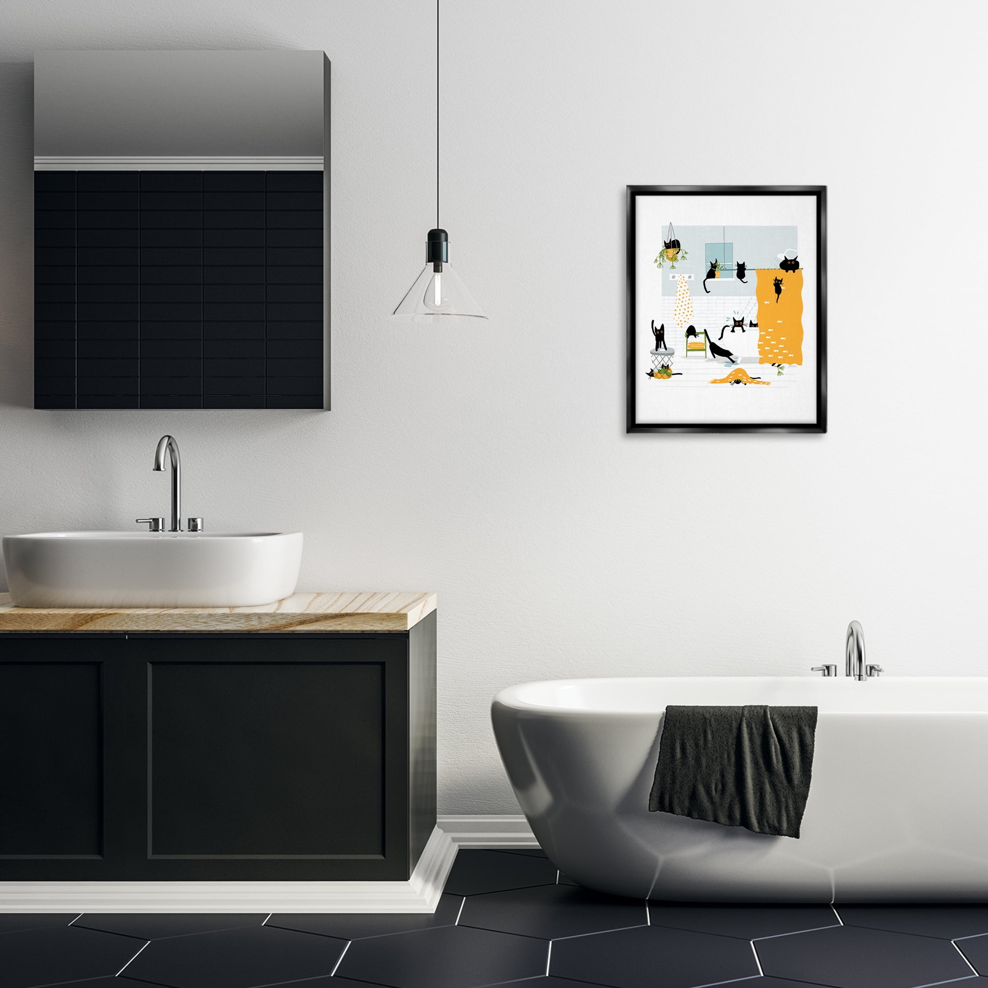 Stupell Industries Black Cats Bath Time Bath & Laundry Painting Black Floater Framed Canvas Art Print Wall Art, 17 x 21