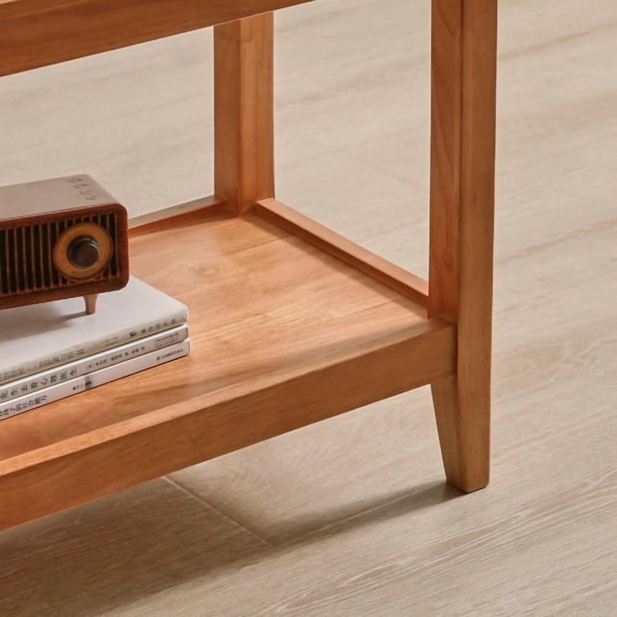 Solid Wood Rustic Side Table, 2-Tier End Table with Shelf, Rubberwood Sofa Table for Living Room, Cherry