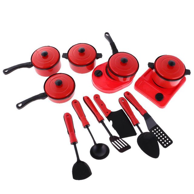 Langgg 13 Pieces/Set Plastic Simulation Cooking Cooking Play Toy Simulation Pots Pans Simulation Kitchen Cookware Set Kids Cooking Play Kitchen Toys Red