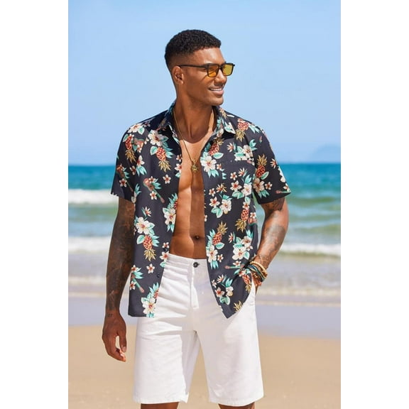 COOFANDY Men's Hawaiian Shirt Short Sleeve Casual Button Down Floral Printed Beach Shirts with Pocket