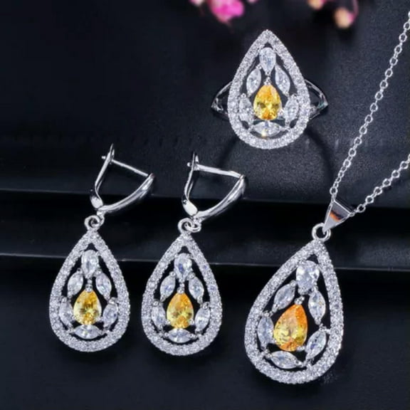 Tear Drop Huggie Earrings Necklace Ring Jewelry Set Silver Plated Green CZ Stone