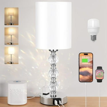 Touch Crystal Table Lamp, Small Bedside Lamp with USB C A Charging Port and AC Outlet, 3 Way Dimmable Nightstand Lamp for  for Bedroom Living Room, Office