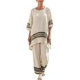 thumbnail image 2 of Uootdi Two Piece Sets for Women Summer Loose Fit Crew Neck Contrast Stripe Blouse Elastic Waist Palazzo Pants Trendy Travel Matching Sets, 2 of 4