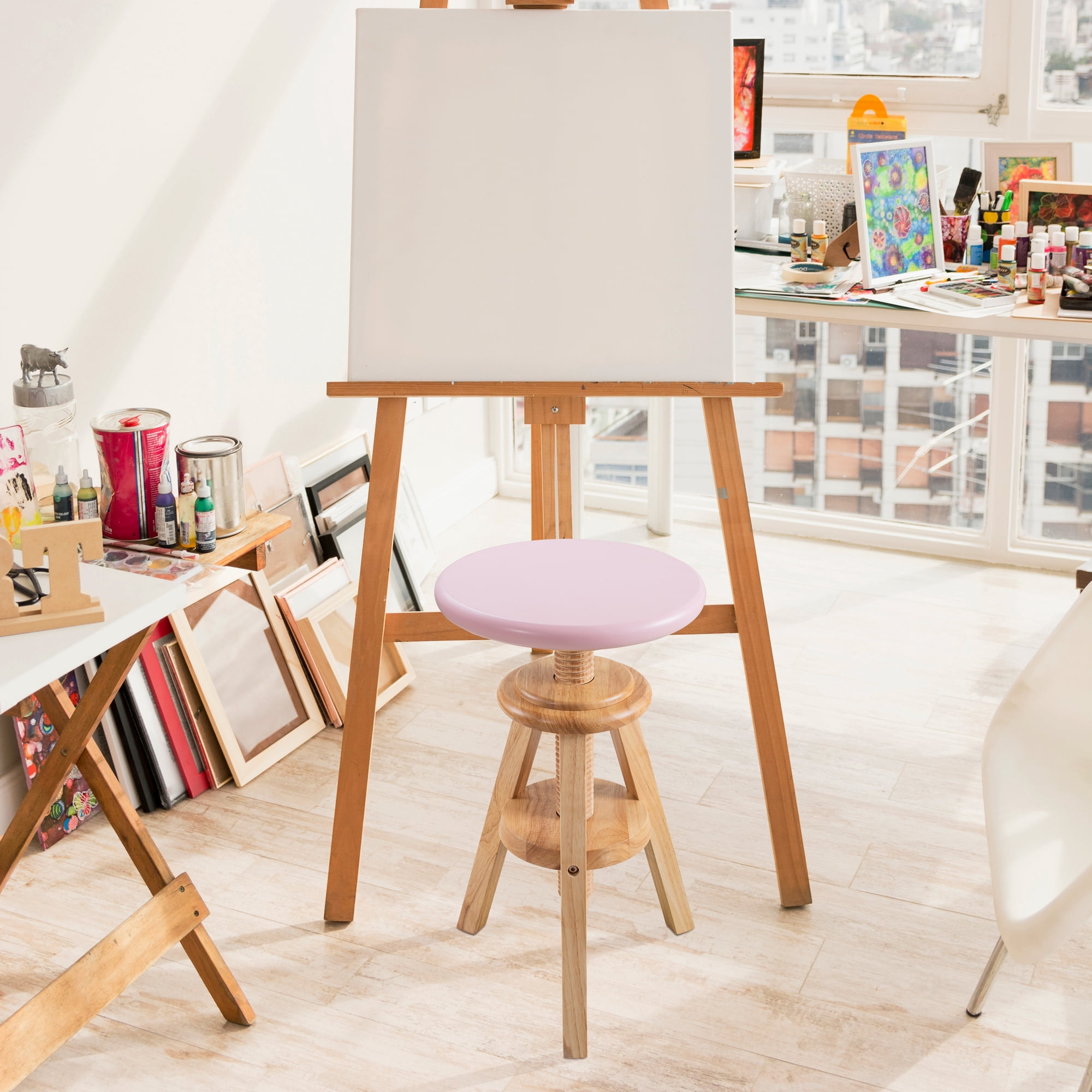 eHemco Swivel Solid Wood Adjustable Bar Stool, 18.9 to 25.2 Inches, Natural Base with Pink Top