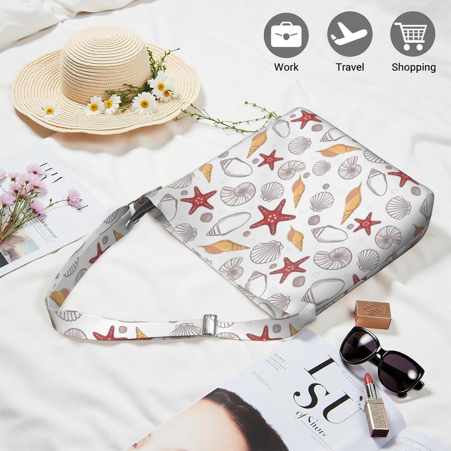 Stylish Large Capacity Sling Tote Bag - Vintage Ocean Theme with Seahorse & Coral Design - Adjustable Strap