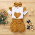 thumbnail image 6 of KYAIGUO 3PCS Infant Newborn Baby Girls Summer Heart Pattern Bodysuit Outfit Set Romper Jumpsuit with Ruffle Shorts Bottoms Headband 0-18M, 6 of 11