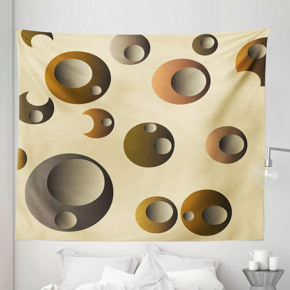 Abstract Tapestry, Funky Bubbles in Round Disc Shaped Model Circles Abstract Image, Fabric Wall Hanging Decor for Bedroom Living Room Dorm, 5 Sizes, Pale Brown Caramel, by Ambesonne