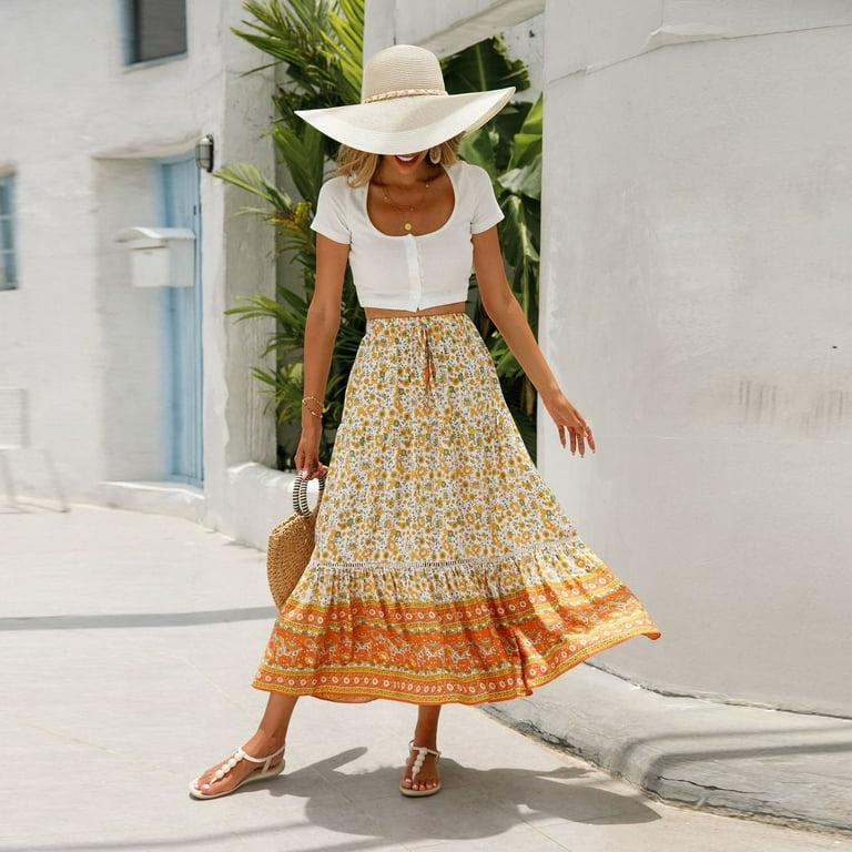 bohemian skirt dress WTOBBY Women's Floral Smocked Maxi with Lace Trim and Style, Summer Beach A-Line Pleated Long Skirt Tube Dress, Casual Wear for Vacation and Outdoor Activities,Saffron M neckline Empire waistline Defined