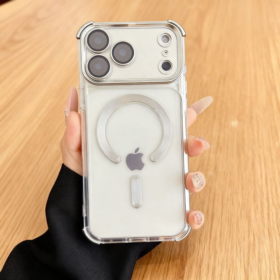 For iPhone 17 Pro Max Phone Case,Soft TPU Shockproof Protective Cover,With Lens Camera Protector,Compatible with Mag-Safe,Four-corner Raised Anti-fall Drop Protection,Translucent Phone Case,Silver