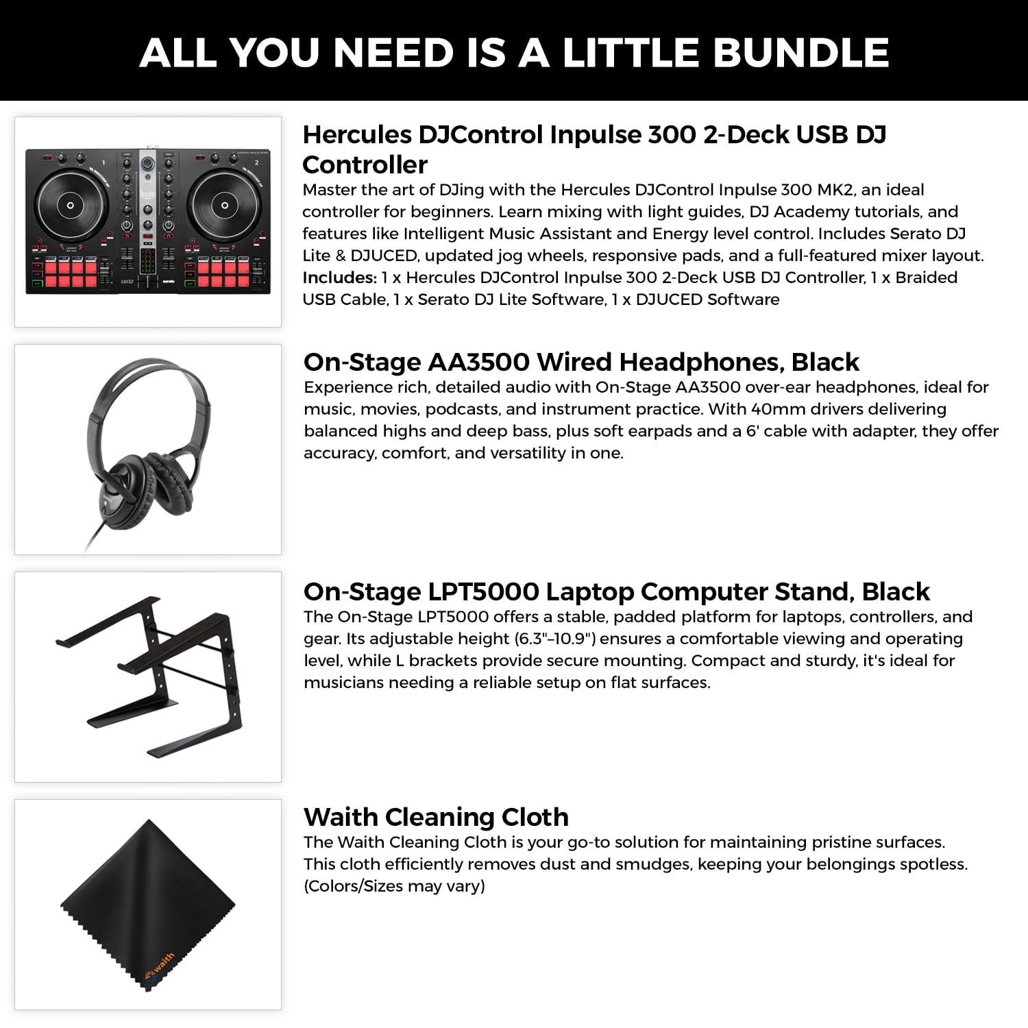 Hercules DJControl Inpulse 300-2-Deck DJ Controller+Headphones+Laptop Stand Kit