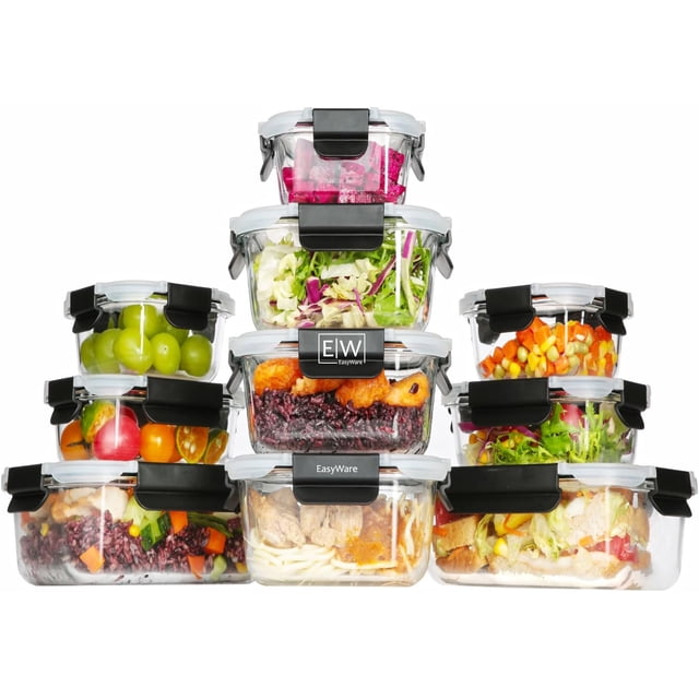 JUEGO DE RECIPIENTES DE VIDRIO HERMÉTICO, CONTENEDORES Para Alimentos con Tapas Cierre Fácil, Refractarios para Cocina, Horno, Refrigerador Congelador (JUEGO 10 RECIPIENTES (20 PZ))