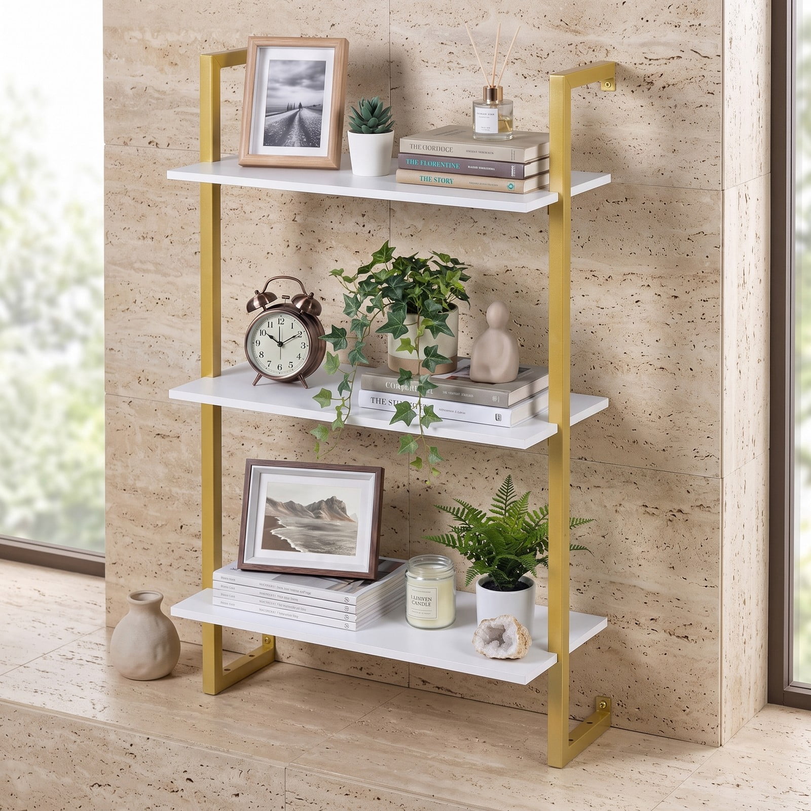 Furnibear 3-Tier Floating Wall Shelf, Modern White Wood Bookcase Wall-Mounted Storage Rack for Living Room Bedroom Kitchen Home Office Bathroom, Space-Saving, White