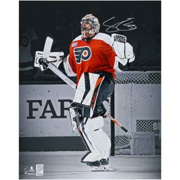 Samuel Ersson Philadelphia Flyers Autographed 16" x 20" Orange Jersey Celebrating Spotlight Photograph - Fanatics Authentic Certified
