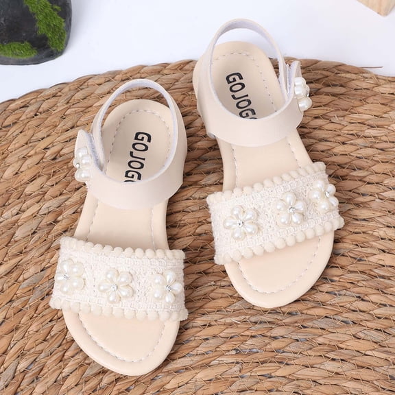 Girls Kids Flat Sandals Non-Slip PU Faux Leather Open Toe Beige Flower Pearl Hook and Loop Summer Shoes,Size 13