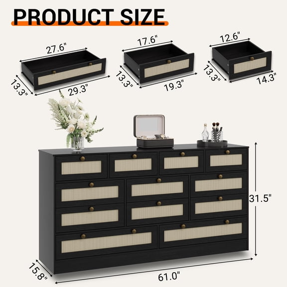 Modern 12-Drawer Wooden Dresser with Rattan Accents, Storage Chest & TV Stand for 65" TV, Organizer for Bedroom Living Room Closet, Black