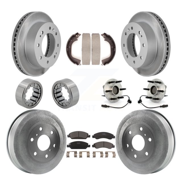 Transit Auto Front Rear Hub Bearing Assembly Coated Disc Brake Rotor and Ceramic Pads Shoe Kit (10Pc) for Car 2011 Chevrolet Silverado 1500 Hybrid with RWD with 8-1 2" or 8-5 8" Ring Gear - KBB-112501