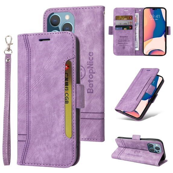 Nalacover Wallet Case for iPhone 14 Pro Max, Wrist Hand Strap Premium PU Leather TPU Shockproof Flip Cover with Kickstand Card Slots Holder Magnetic Clasp Case for iPhone 14 Pro Max,Purple