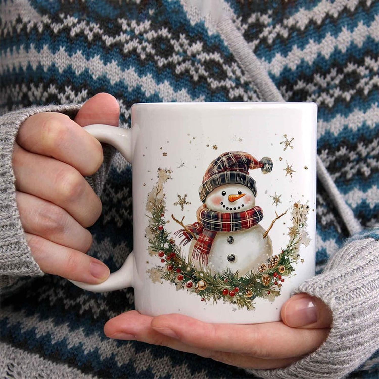 Snowman Stacking Ceramic Mug Set with Rack 12 OZ 5-Piece Holiday
