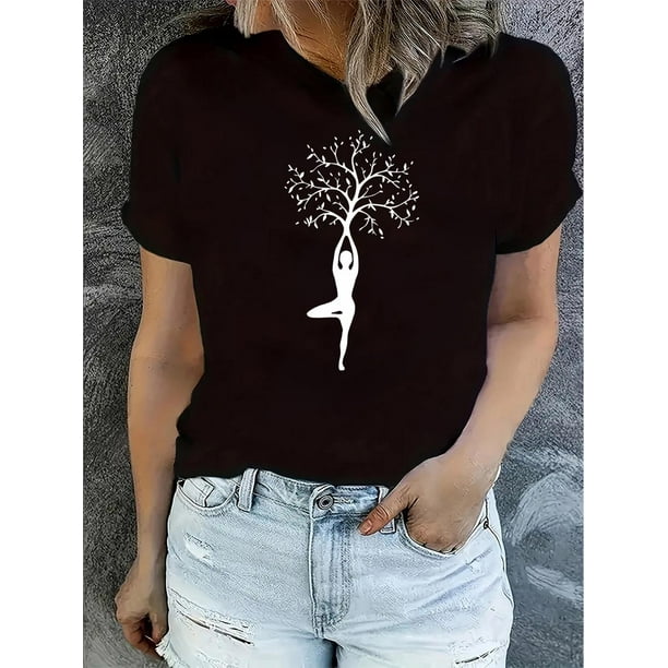 Camiseta de verano para mujer Manga Corta Yoga Tree Print Short Sleeve Crew Neck T-shirt, Casual Sports Short Sleeve Crew Neck Summer Top, Women's ClothingFather's Day, Mother's Day, New Year, Sprin
