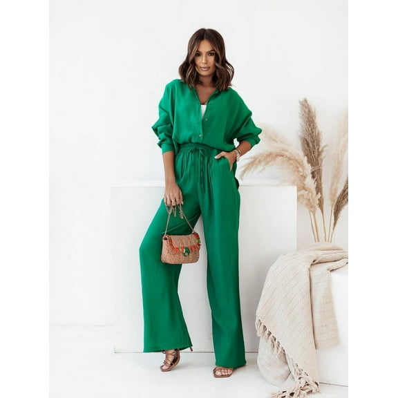 QWZNDZGR Autumn And Winter INS New Loose Elastic Wrinkled Long-Sleeved Shirt Wide Leg Pants Casual Suit Women