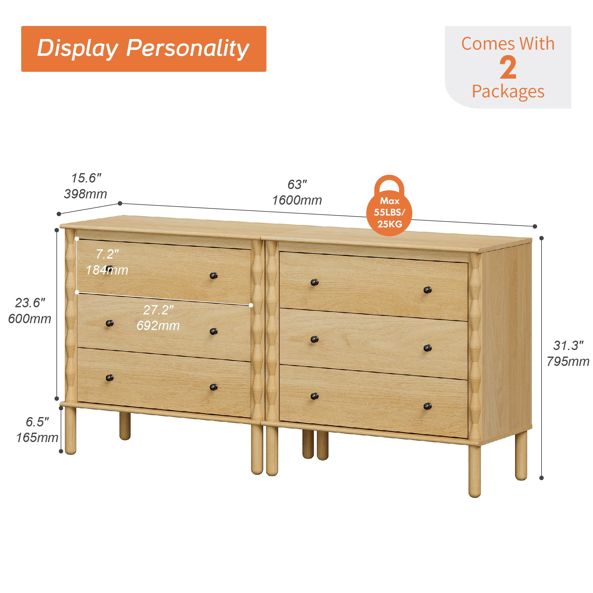 WAMPAT Modern TV Stand for 65" TV, Console Table with Solid Wood Legs for Living Room，Oak