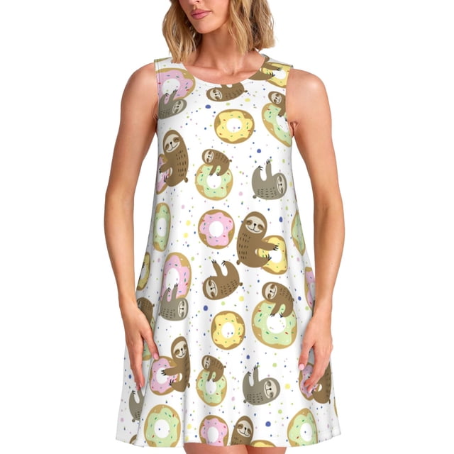 Easygdp Donut Sloth para Vestido Transpirable de Mujer, Vestido Suelto de Manga Corta con Pliegues y Bolsillos para el Verano