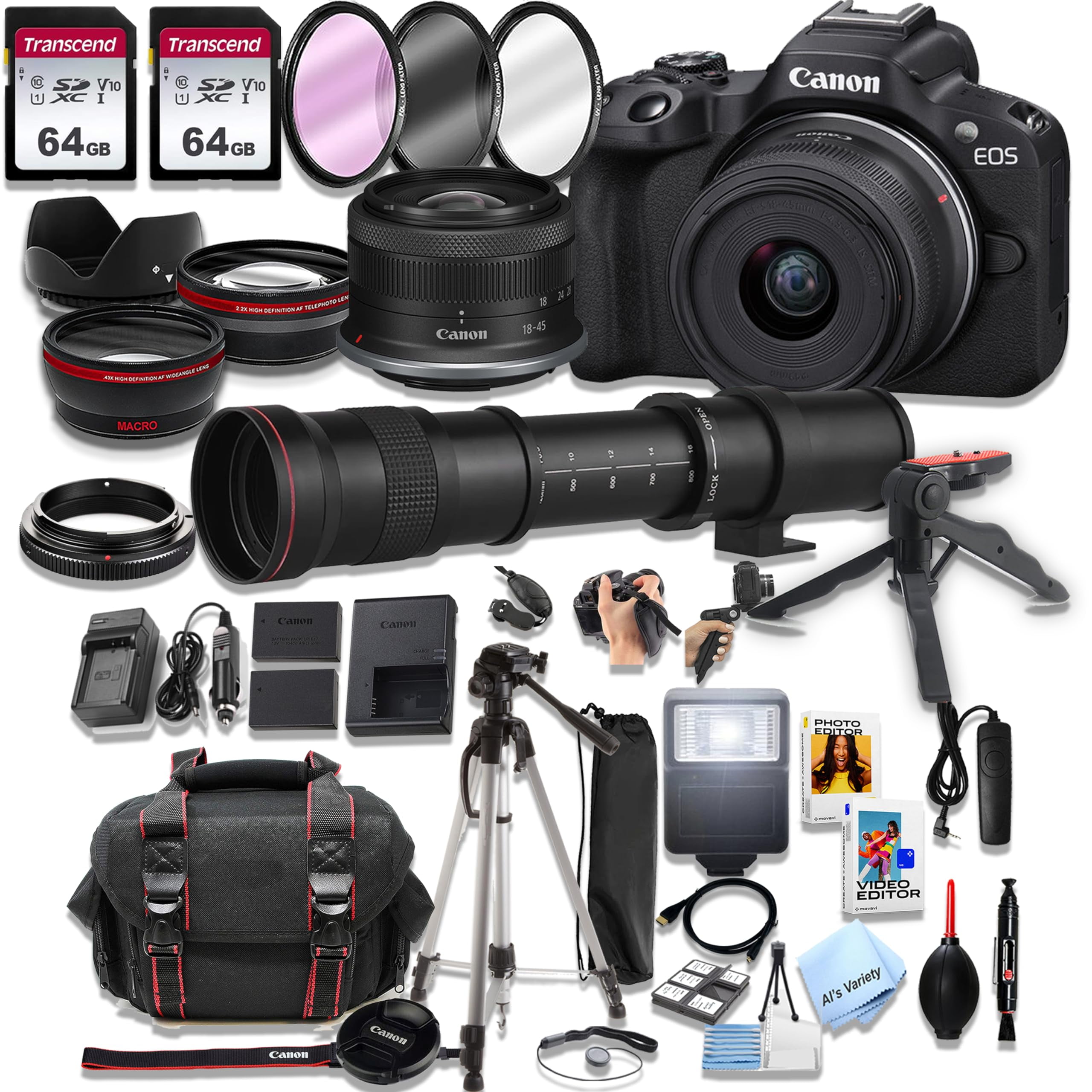 Canon EOS R50 Black Mirrorless Camera Bundle with RF-S 18-45mm, EF