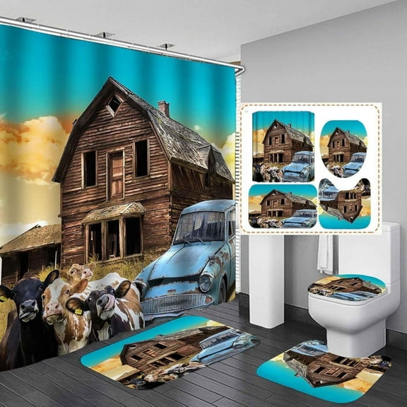 Western Farmhouse Shower Curtain Sets 4-Piece Waterproof Polyester 72x72 Inch, Teal Floral & Cattle Design with Non-Slip Bath Mat, Rustic Bathroom Decor Includes 12 Hooks