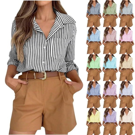 Otntypg Striped Button Down Shirts for Women Dress Shirts Loose Fit Casual Long Sleeve Collared Office Work Shirt with Pockets Navy#01 XXL