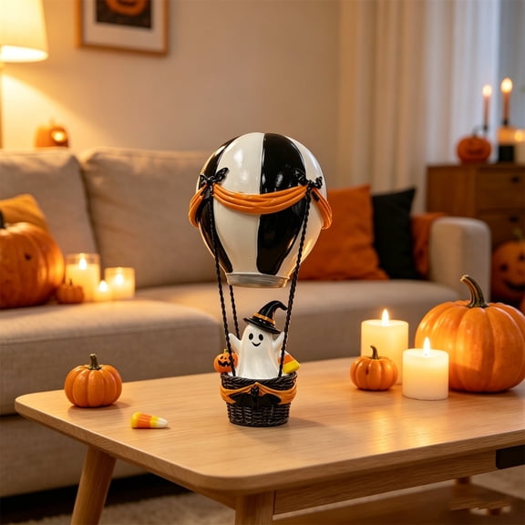Halloween Ghost Hot Air Balloon Resin Figurine, Spooky Cute Ghost in Basket Statue, Fall Tabletop Decor for Home Shelf Mantel Party 5.9 Inch