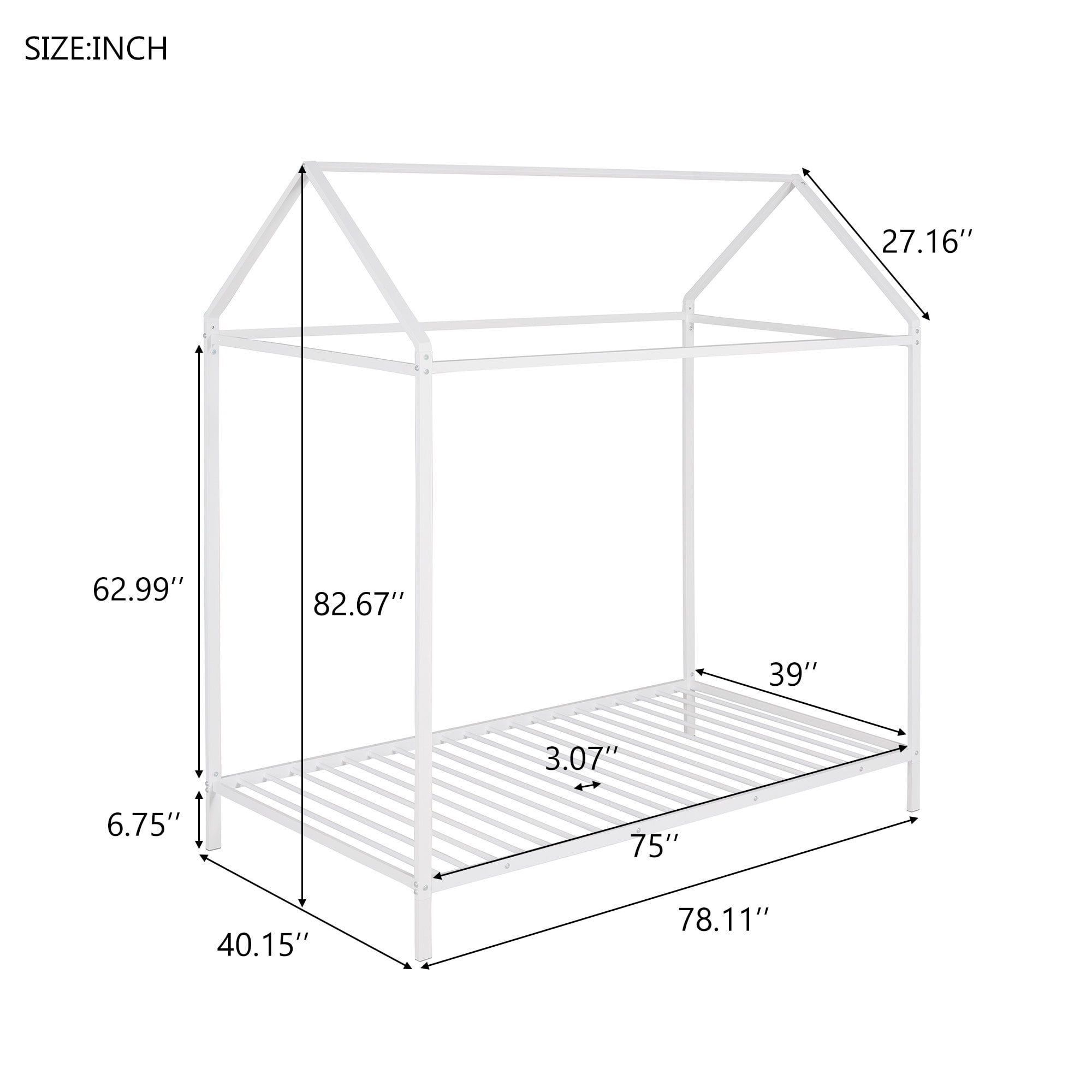 Gewnee Twin Size Kids House Bed,Metal Platform Bed Frame with Roof,White