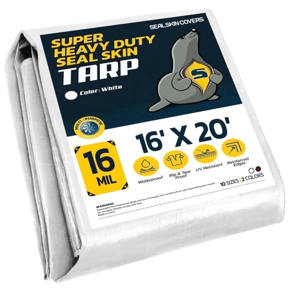 Seal Skin Heavy Duty White Waterproof Tarp,16 Mil Thick, UV & Tear Resistant 16' X 20'