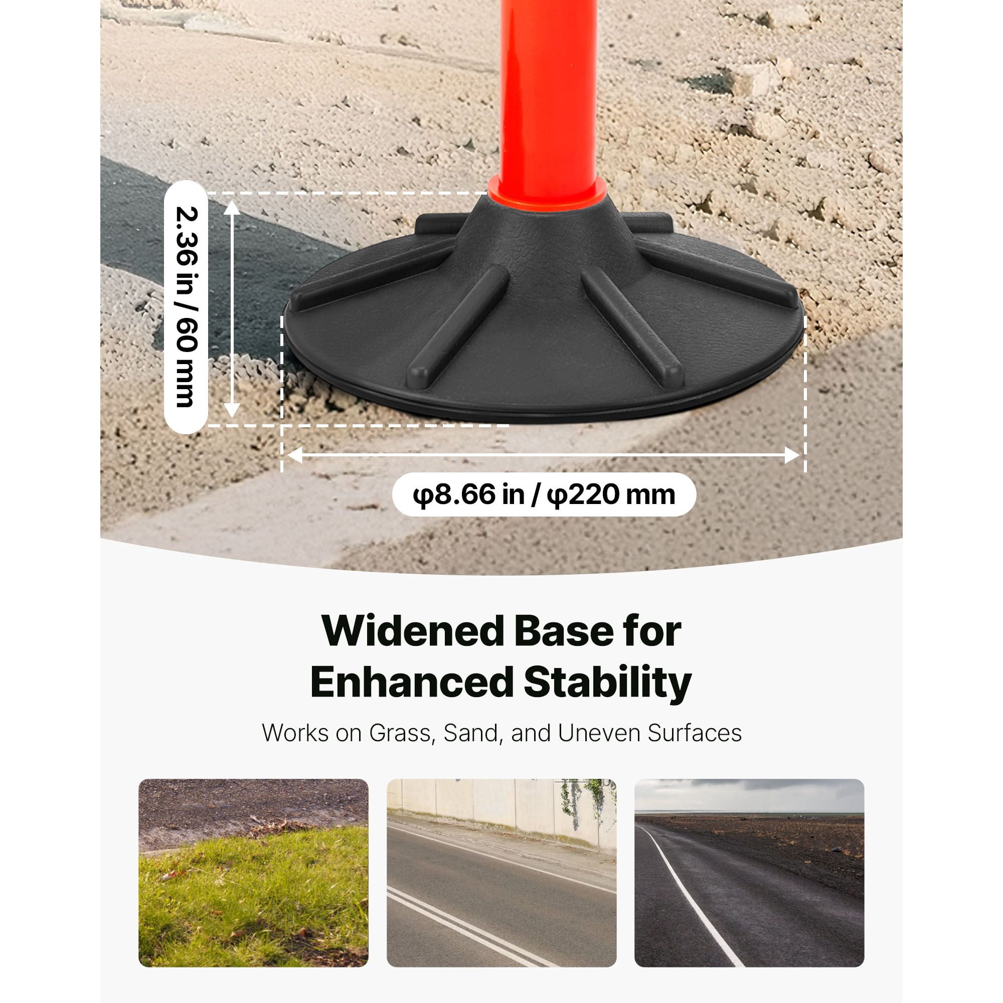 2-Pack Traffic Delineator Posts, 34 Inch Safety Cones, Reflective Strips, Weighted Rubber Base, Chain Attachment, for Construction Sites, Parking Lots & Crowd Control