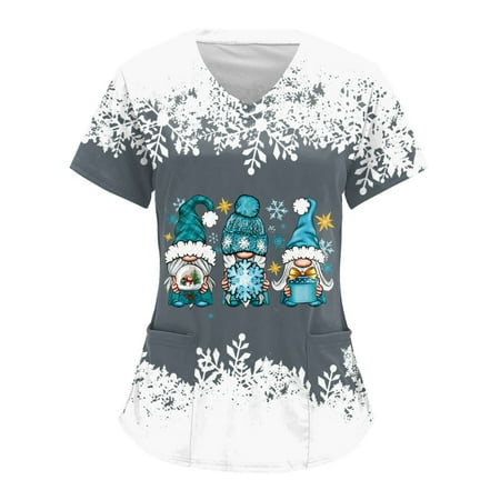 

Womens V-Neck Christmas Scrub Tops Christmas Print Short Sleeve V Neck Workwear T Shirt Top WIth Pocket