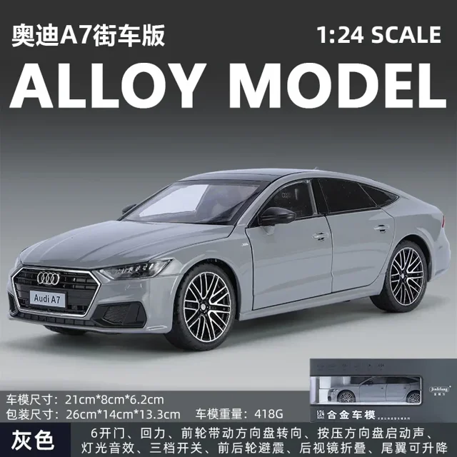 1:24 Audi A7 Toy Car Model Diecast Alloy Vehicle Miniature Pull Back Sound & Light Doors Openable Collection Gift For Boy Kid gray with box