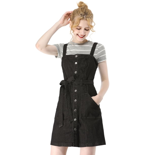 Vestido de peto para mujer Allegra K mezclilla general de una línea Negro S