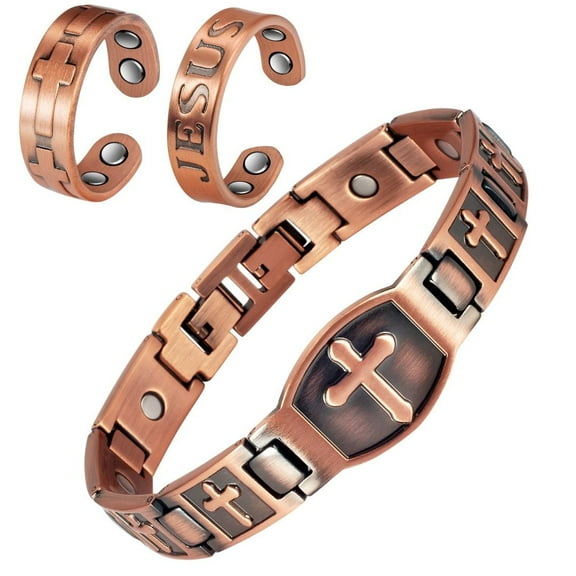 Wollet Magnetic Copper Bracelets & Ring for Women, Set of 3, Cross Design, Pure Copper Jewelry Set, Christian Christmas Gift