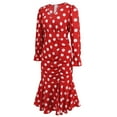 thumbnail image 6 of Women's Elegant Polka Dots Dress Long Sleeve Wrap V Neck Ruched Ruffle Hem Mermaid Pencil Midi Dresses, 6 of 7