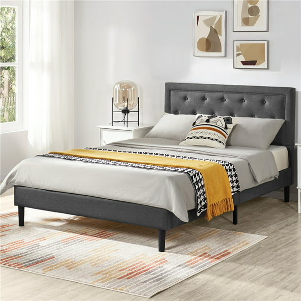 Upholstered Bed Frame, Wooden Bed With Tufted Headboard
