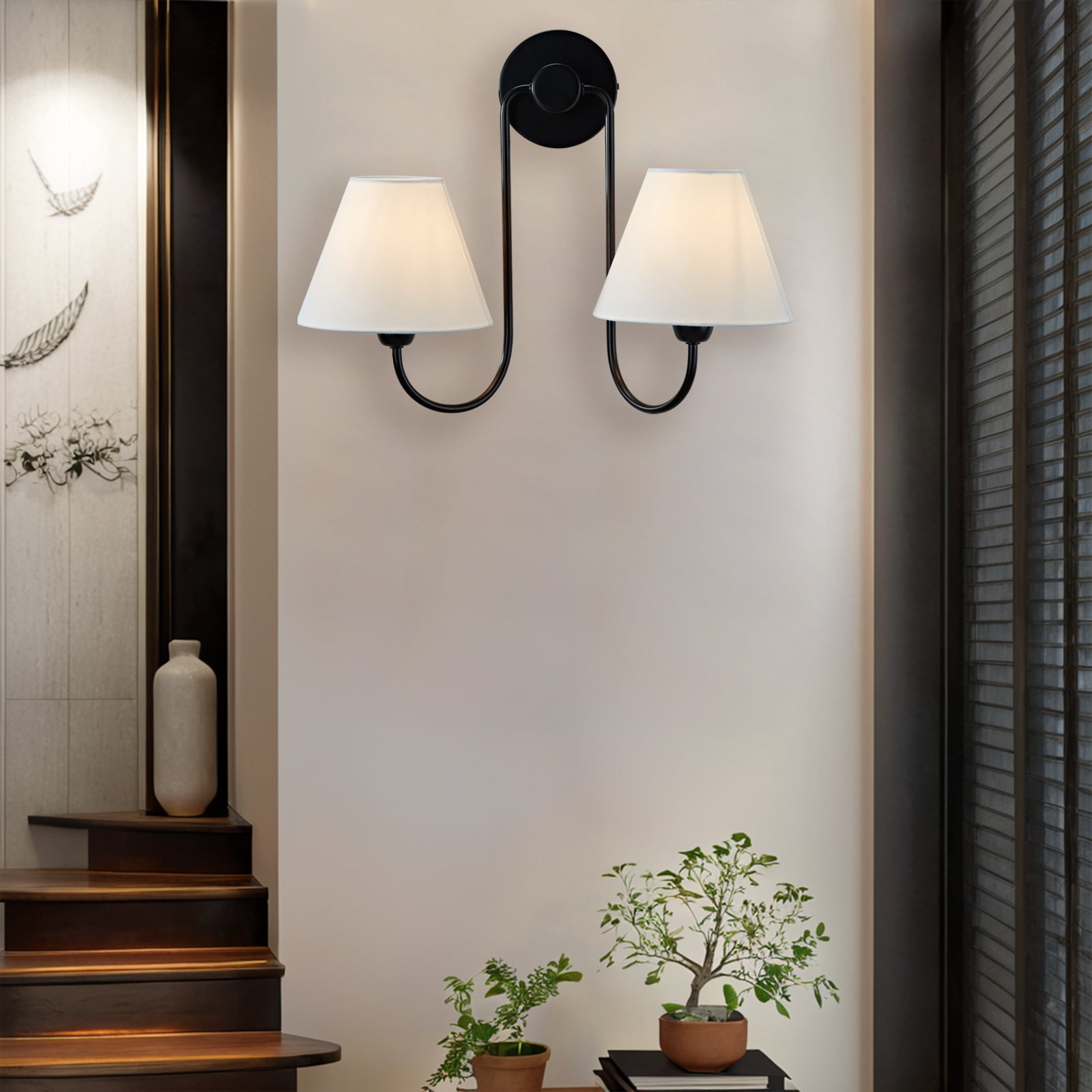 Wall Lights For Living Room , Elegant Linen Shade With Metal Frame Double Swoop Sconce