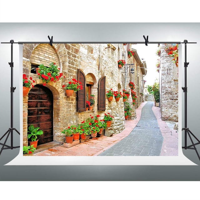 FHZON 10x7ft Italy Street Backdrops for Photography Famous European Buildings Wedding Photo Background Spring Flowers Stone Path Girls Studio Photo Portrait Background LSFH617