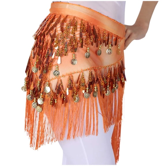 Riecok Belly Dance Hip Scarf Wrap Fringe Skirt Hollow out Lightweight Cocktail Party Performance Skirt Orange Free Size