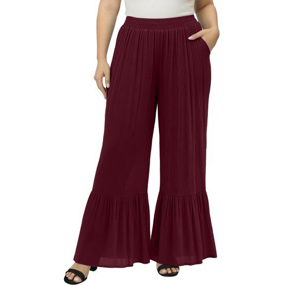 KHONTS Women's Wide Leg Pants Flowy Boho Elastic High Waist Ruffle Hem Palazzo Pants Plus Size Pleated Vacation Pants Red XL