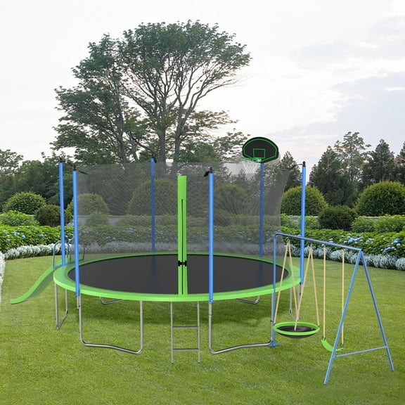 12FT Trampoline with Slide and Swings, Large Outdoor Backyard Trampoline with Basketball Hoop and Ladder for Kids and Adults
