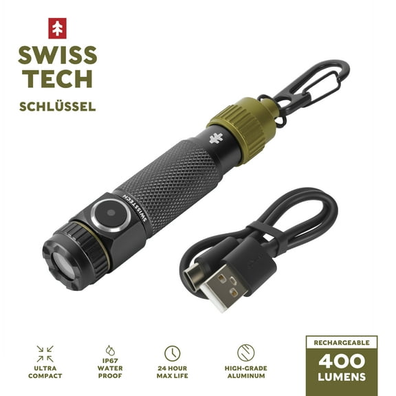 Swiss Tech Schlussel 400 Lumens Mini Rechargeable Keychain Flashlight, Black